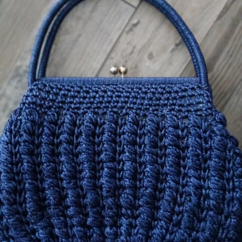 Vintage Caron Original of Houston, Texas Navy Blue Straw like Crochet like Purse